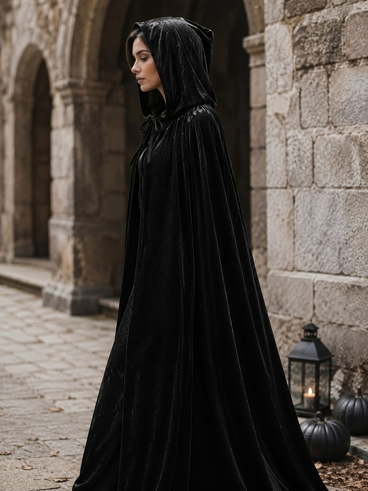 Black Velvet Cape Hooded Cape Cosplay Cape Halloween Costume Cape Party Cape - Black - Size XXL — image 3