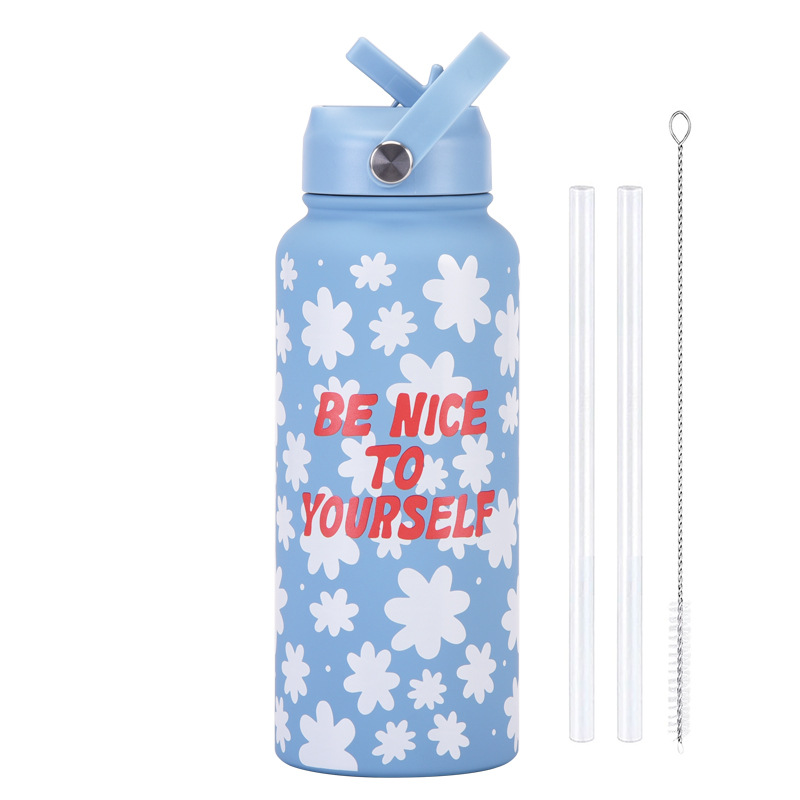Style 19A Blue and White Plaid Vibrant Fun Print 1L Stainless Steel Insulated Water Bottle - 32oz Large Capacity with Straw Lid & Carry Handle