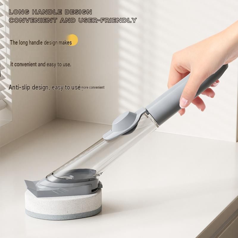 Grey Long Handle Liquid Dispensing Dish Brush（1 brush head+ 2sponge brush head） - TPR and PP Construction - Press Button Soap Release, Non Slip Grip — image 4