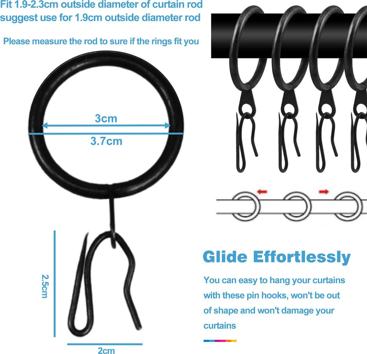 40-Pack Black Metal Curtain Rings with Clips, 30 mm Inner Diameter โ image 2