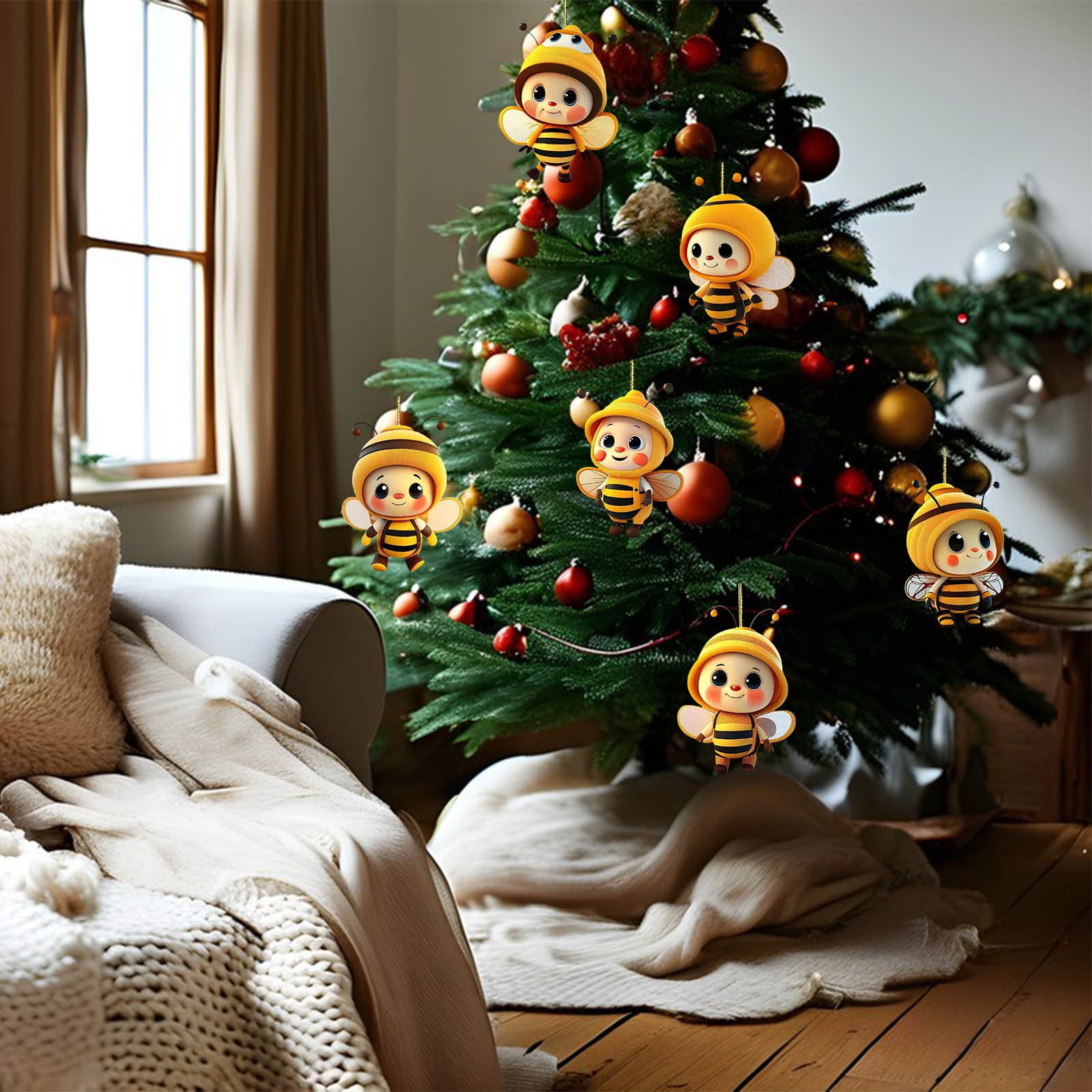 6PCS Christmas Cute Bee Hanging Ornaments, 3.15" Flat Christmas Tree Hanging Pendants, Acrylic Yellow Honeybee with Hat Indoor Decoration for Home Party — image 3