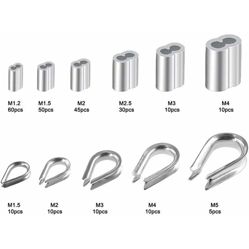 250 pcs 6 Sizes Aluminum Wire ROpe Thimbles Assortment Double Barrel Sleeves & 5 Size Thimbles For Wire ROpe — image 2