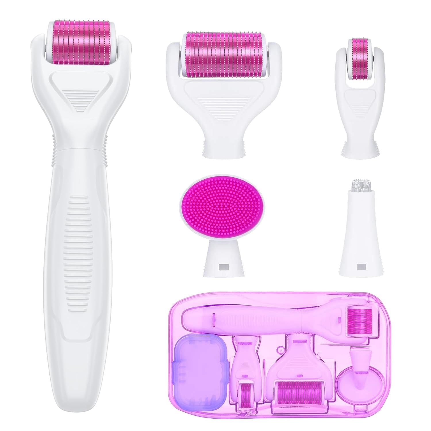 6-in-1 Stainless Steel Derma Roller Kit with 4 Interchangeable Heads, Ergonomic Handle, Clear Storage Case, Easy Assembly Design, For Facial & Body Skincare