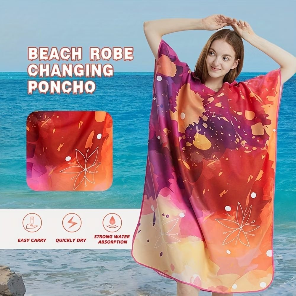 Hooded Beach Changing Poncho Bathrobe, Spacious Quick-Dry Absorbent, Hooded V-Hem, Private Beach Changing, Swimming Bathing Travel Essential(Blue powder tie-dyeing)