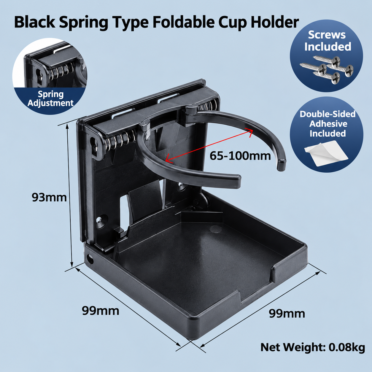 Foldable Adjustable Cup Holder for RV Boat Yacht Caravan Wall Mounted Drink Stand with Screw and Adhesive Installation (Spring Type, Black)