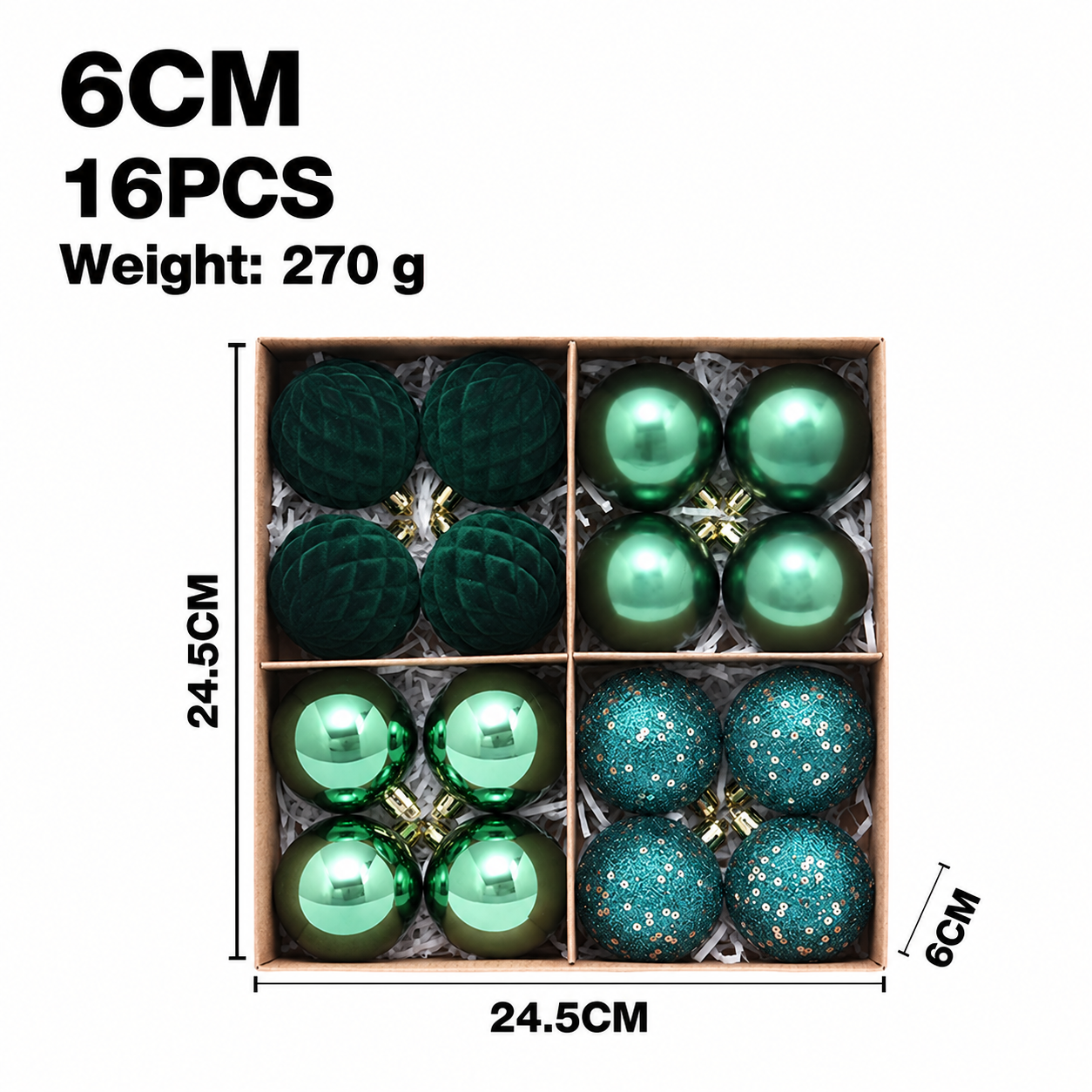 16-Piece Christmas Ball Ornament Set with Flocked Plaid, Matte, Glossy and Glitter Finishes for Holiday Tree Hanging, Tabletop Display and Festive Scene Decoration (Green)