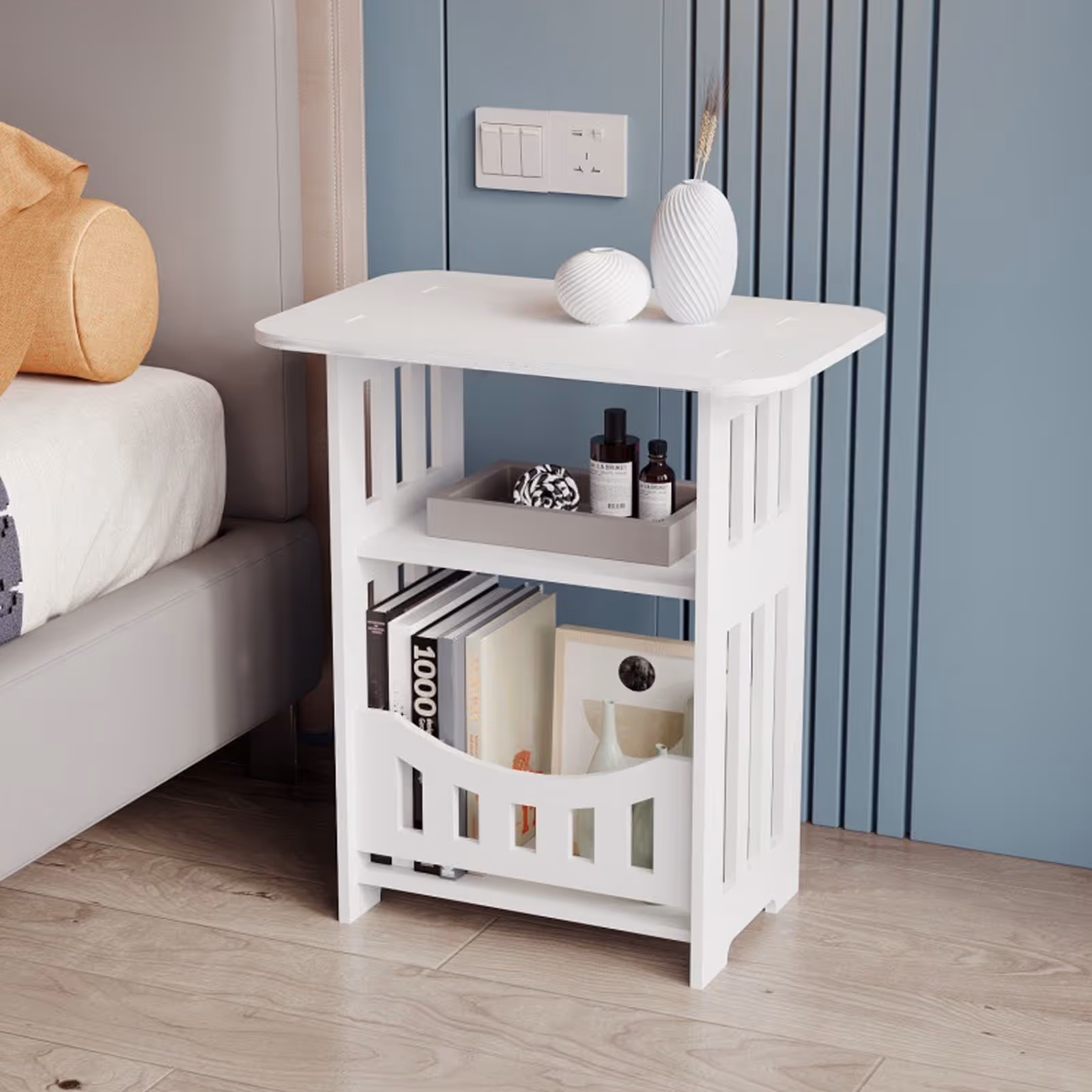 Small Home Furniture Desk Side Table Slim Table Bedroom Side Table Night Stands for Bedrooms Accent Table Kids Bedside Table Decor Corner PVC Wood Plastic Board White Chaise Longue