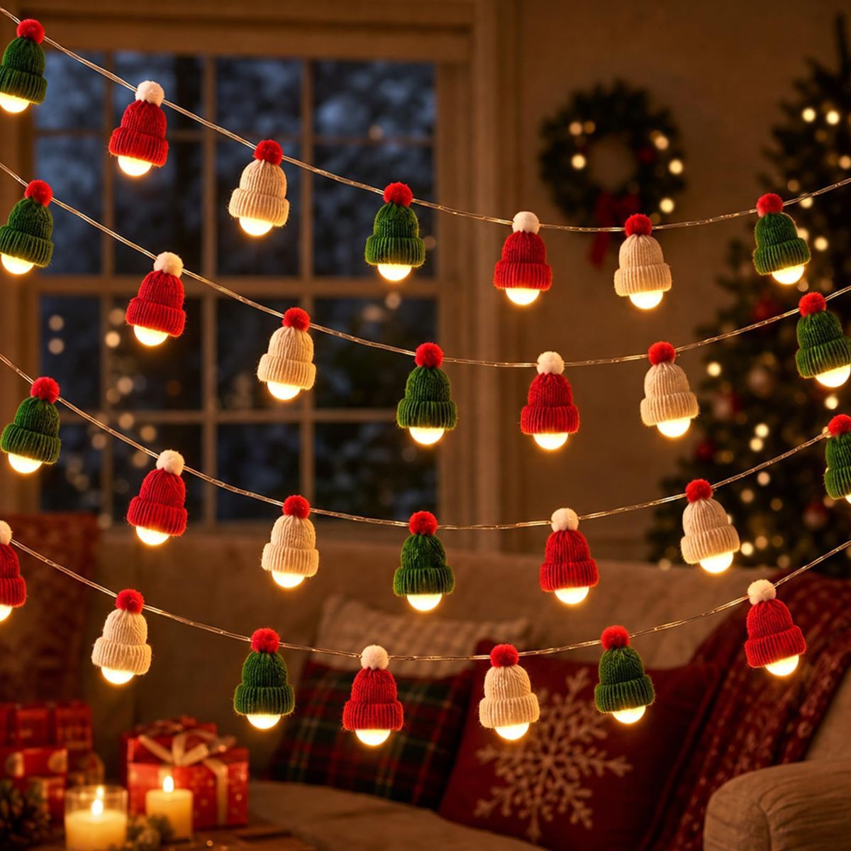 3m 20-Light Christmas String Lights, Red White Green Ball Lights with Knitted Hat, Battery Operated (Batteries Not Included) for Christmas Decoration & Festive Atmosphere - Multi