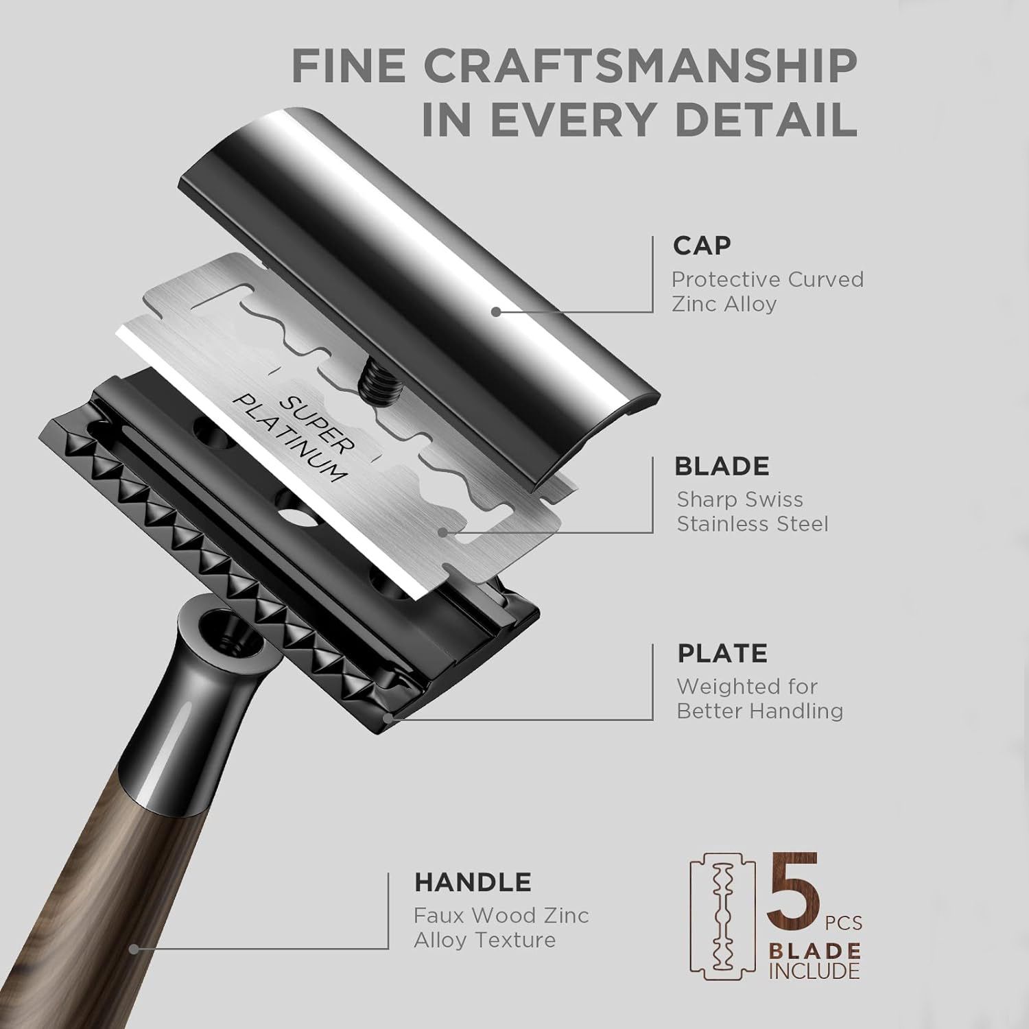 Classic Imitation Wood Double Edge Safety Razor – Eco-Friendly Wet Shaving, Weighted Balance, Men's Grooming Gift.(Black gun color)