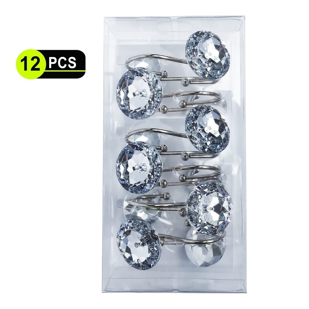 12PCS Shower Curtain Rings Acrylic Decorative Rolling Shower Curtain Rings Diamond Shape Shower Rings Stainless Steel Rust Resistant Decorative Rhinestones Shower Curtain Rings