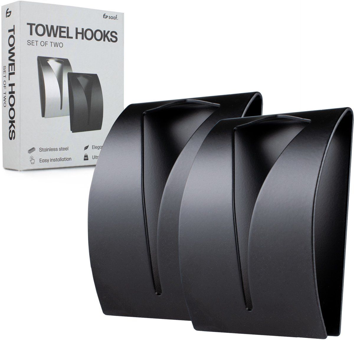 2-Pack Black Self-Adhesive Stainless Steel Towel Hooks for Bathroom and Kitchen