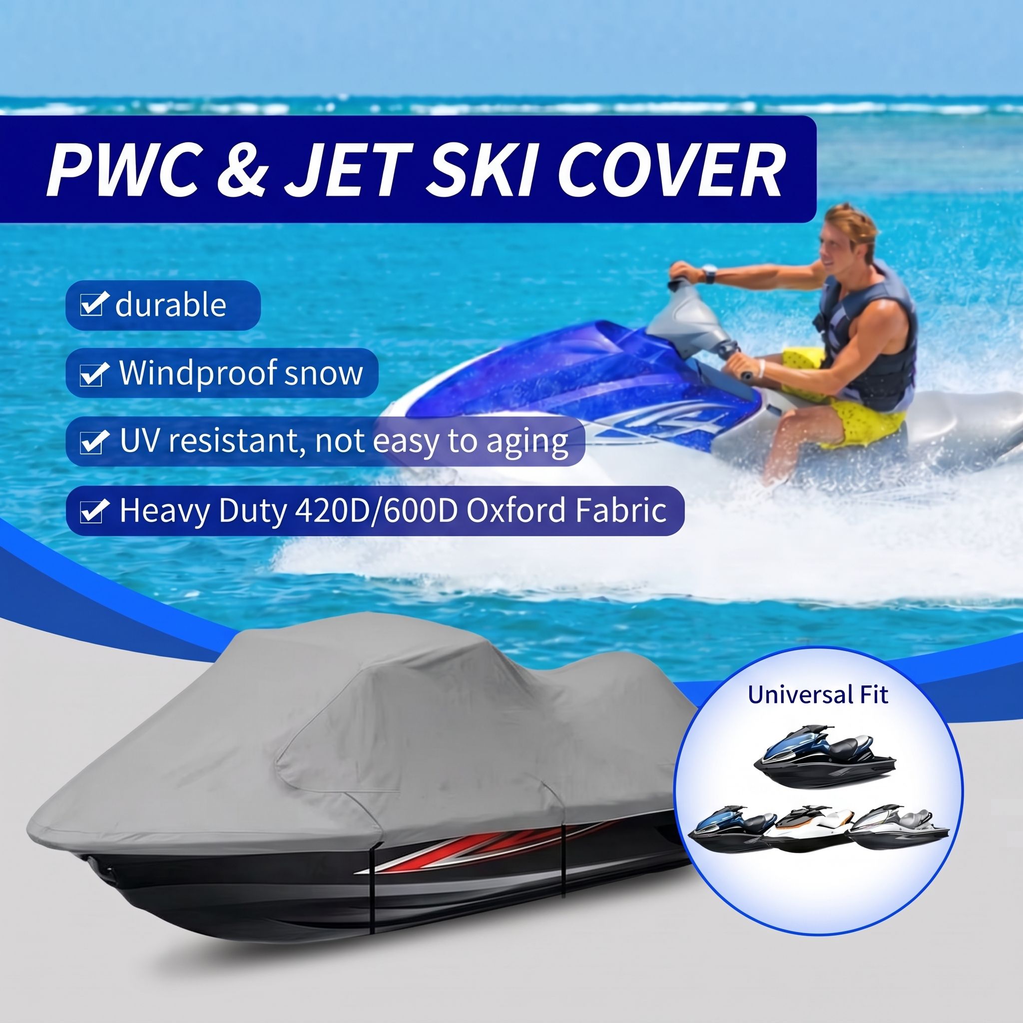 420D/600D Marine Grade Oxford Waterproof Jet Ski Cover with UV Protection, Windproof Buckle Straps and Storage Bag for PWC Mooring and Year-Round Outdoor Storage (Grey 420D Oxford, XL)