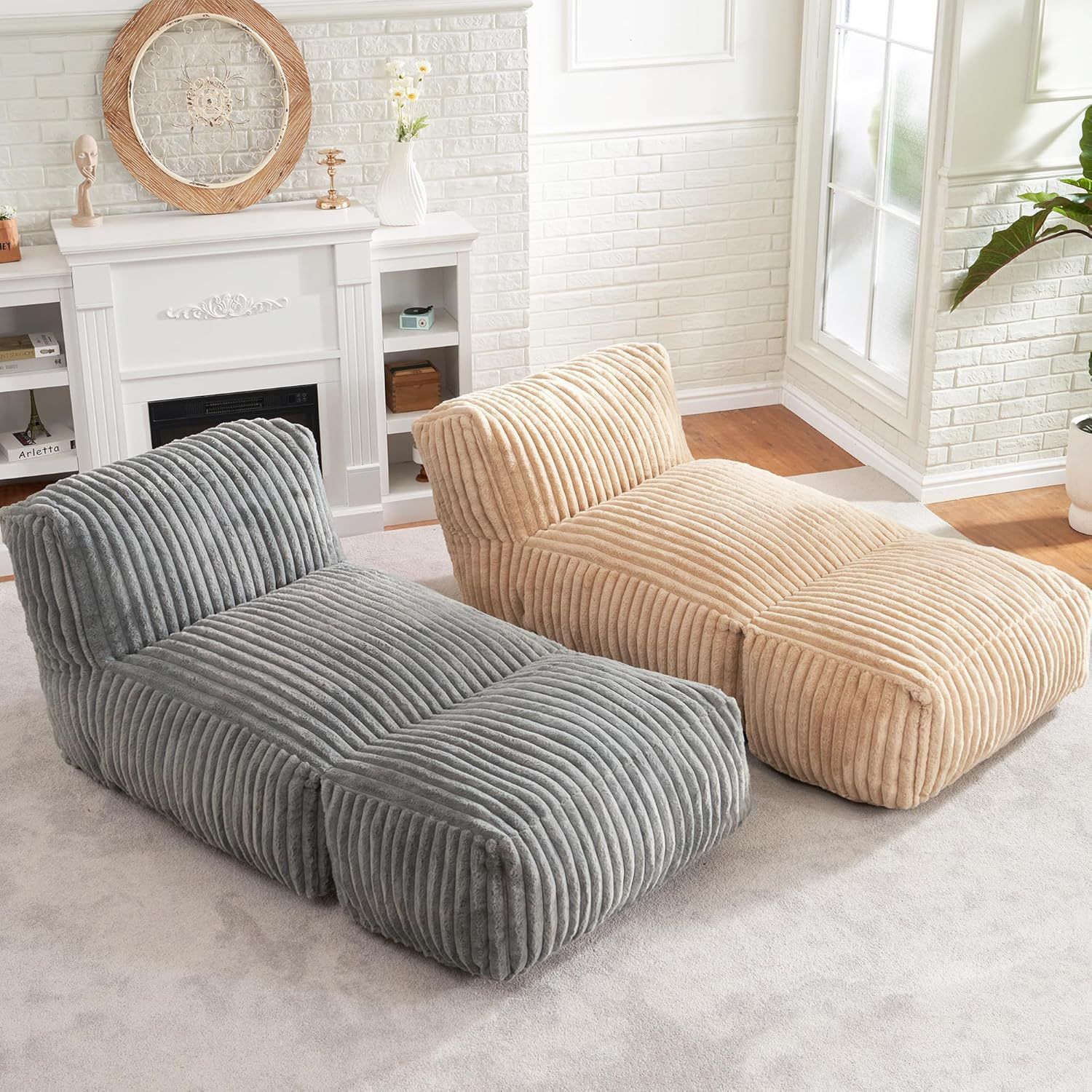 Ergonomic Bean Bag Chaise Lounger with Vertical Plush Fabric and High-Density Foam for Living Room Reading, Napping, and TV Watching (Khaki)