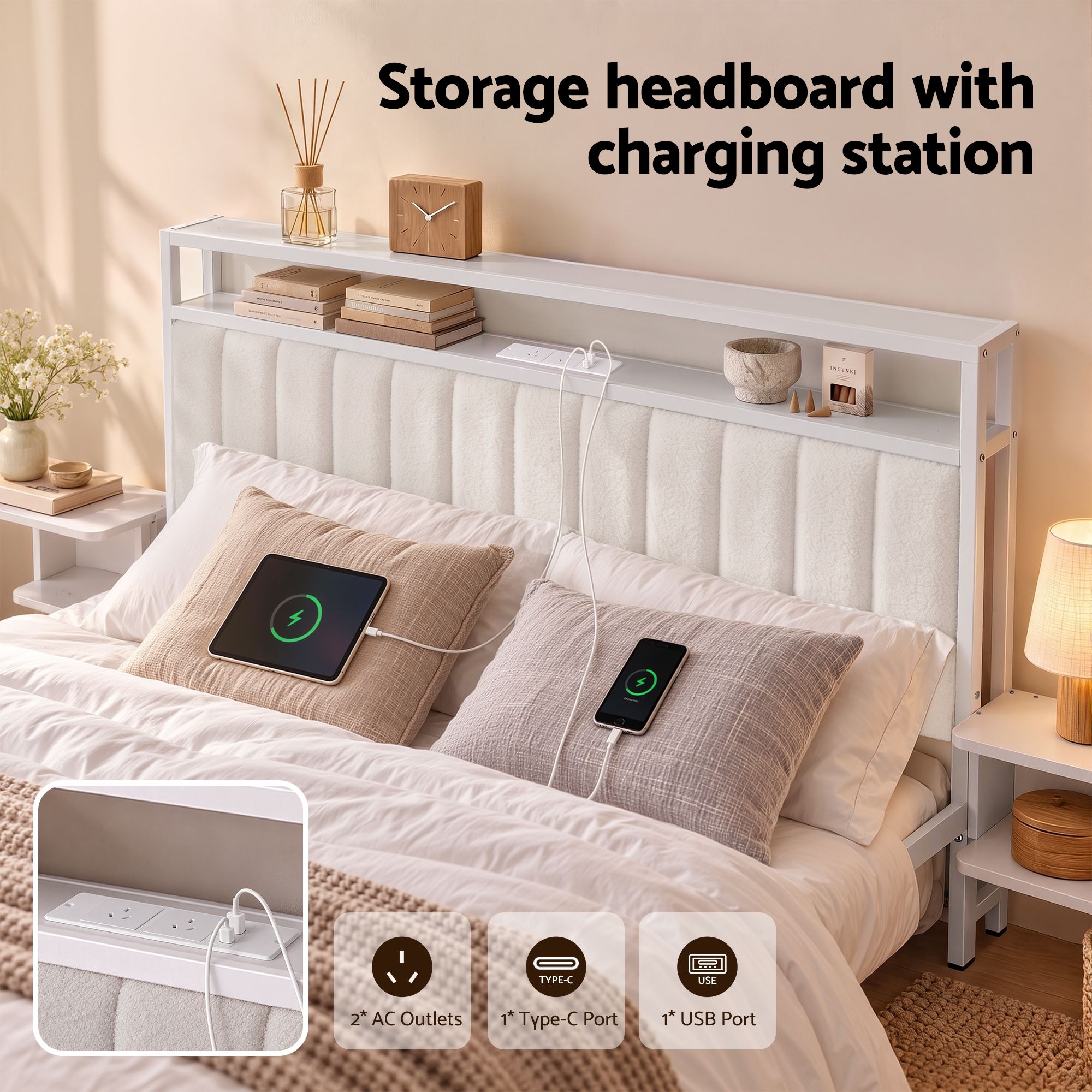 Artiss Queen Metal Bed Frame Boucle Headboard Charging Station Side Table White