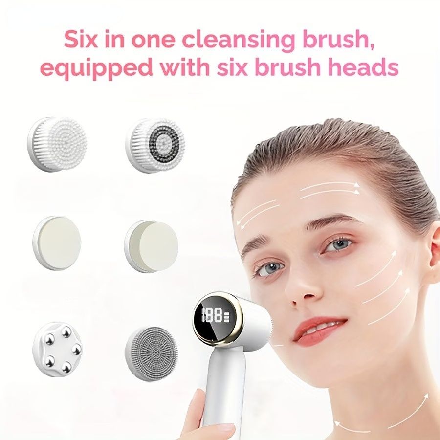 6-in-1 Electric Facial Cleansing Brush, 6 Brush Heads (Silicone/ABS/Stainless Steel), LED Display, 3 Speed Levels, USB Charging, Full Body Waterproof, Unisex, Perfect Festival Gift!*pink