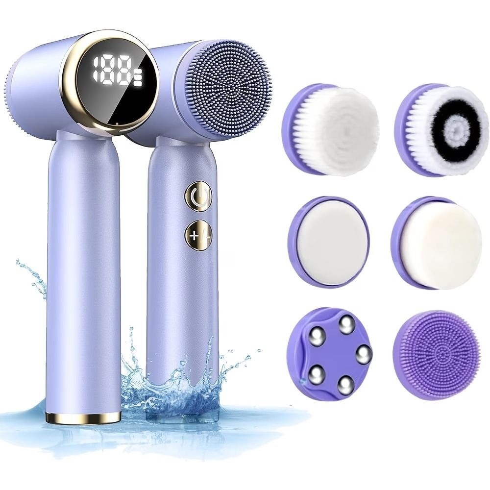 6-in-1 Electric Facial Cleansing Brush, 6 Brush Heads (Silicone/ABS/Stainless Steel), LED Display, 3 Speed Levels, USB Charging, Full Body Waterproof, Unisex, Perfect Festival Gift!*purple