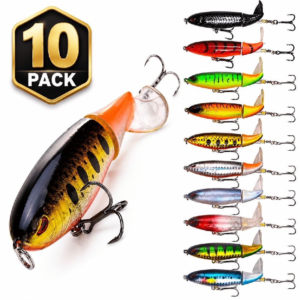 10Pcs Whopper Fishing Lure for Bass Popper Top Water Fishing Lures with Floating Rotating Tail Barb Treble Hooks in Saltwater Freshwater Plopping Lures Kit