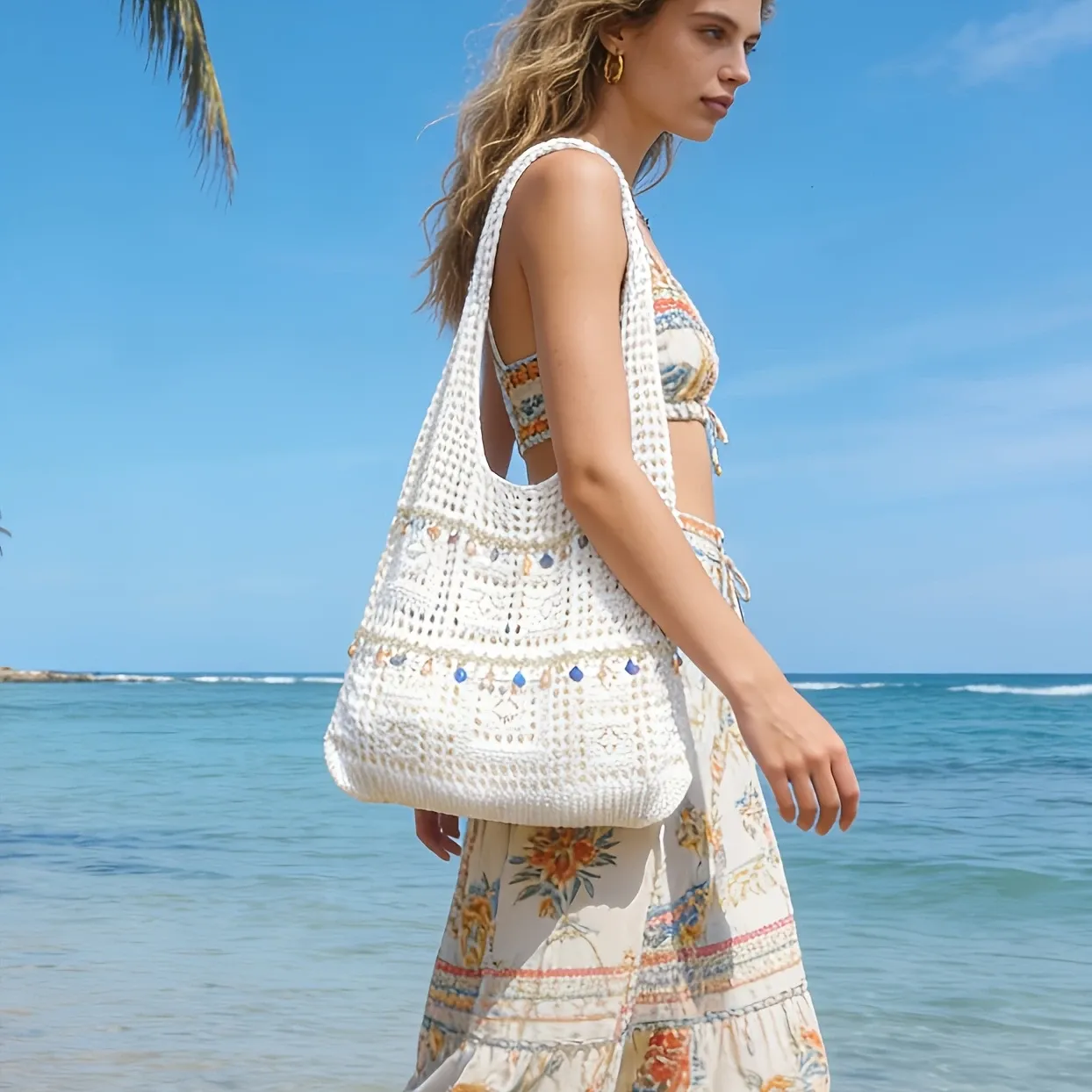 【Boho Crochet Beach Bag】Shell tassel accents, large capacity polyester shoulder & crossbody, solid color no print, perfect for beach vacation & commuting.*khaki