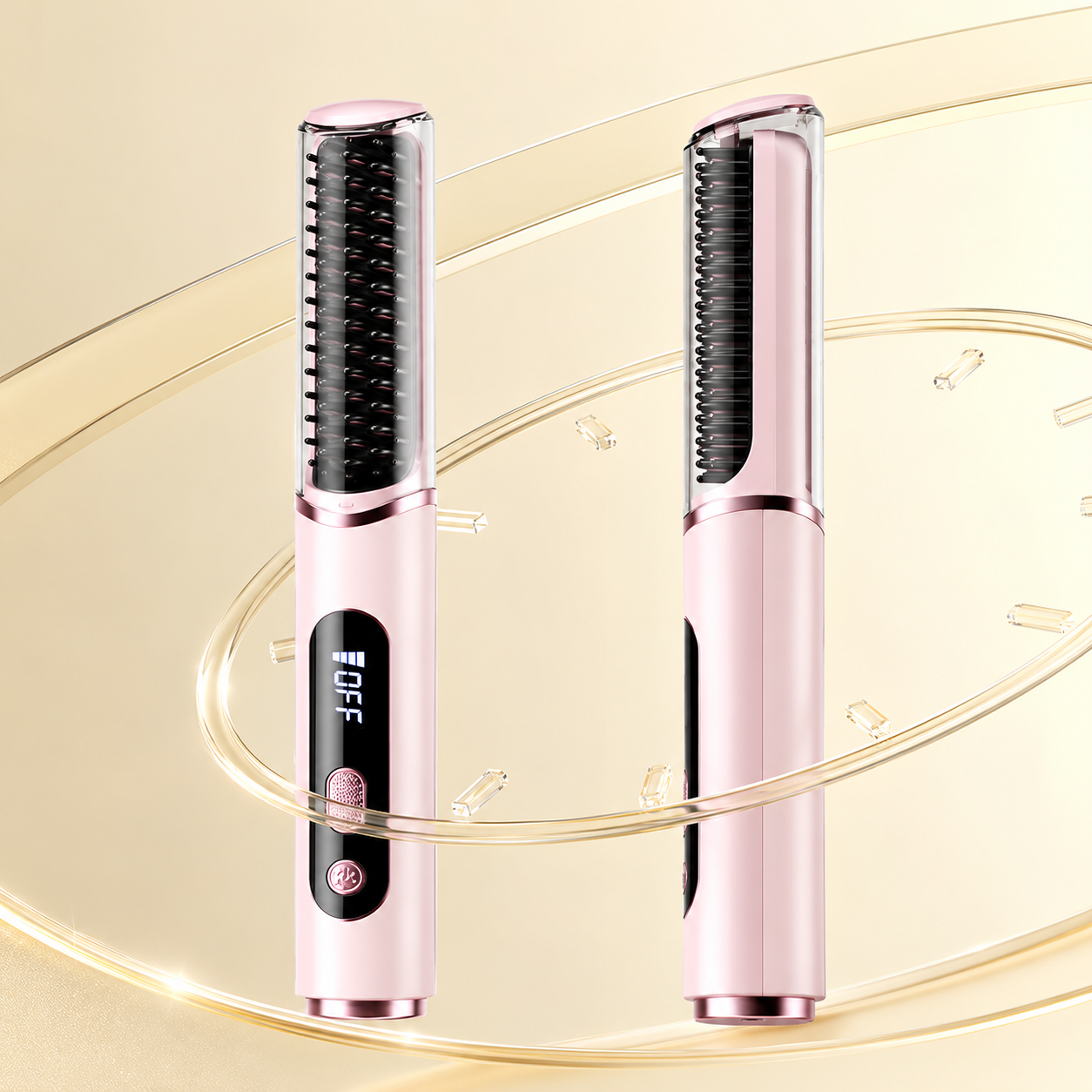 Pink Cordless Hot Air Hair Straightener Brush - Digital Display Ceramic Styling Comb with Negative Ion Hair Care and 5 Temperature Settings for Straightening, Curling and Root Volume