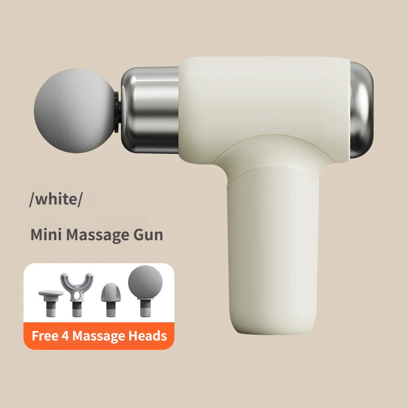 White Mini Massage Gun with 4 Heads & 6 Speeds - Portable Handheld Percussion Muscle Massager, Type-C Charging for Home Gym and Travel