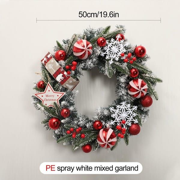 50cm spray-white pine needle Christmas wreath with snow-dusted branches, ornaments, snowflakes, red berries, pinecones and reindeer & star accents. Ideal for door or wall decor to light up the festive mood.*Pine needles spray white mixed garland [golden d