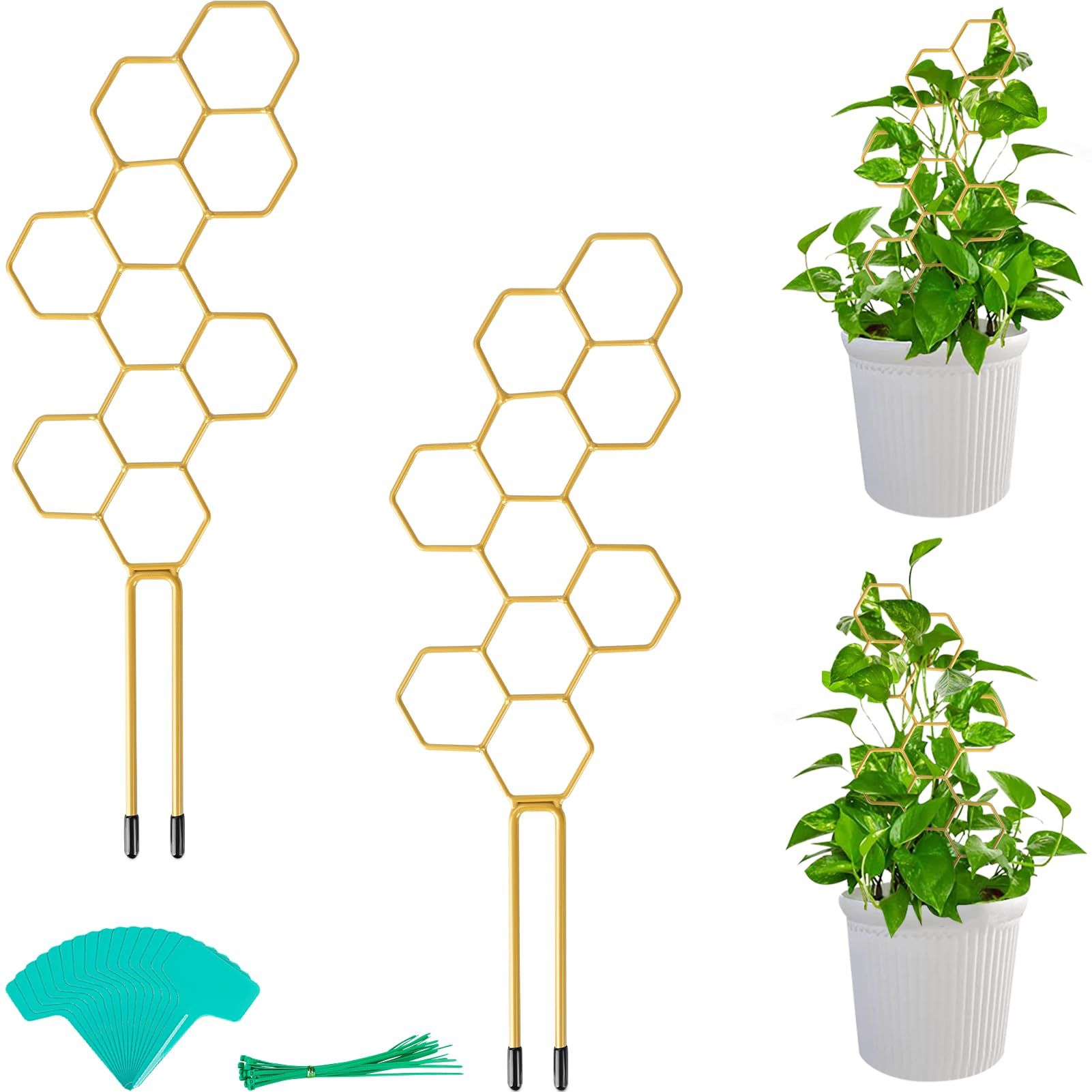 2 Pcs 14" Small Plant Trellis for Climbing Plant, Honeycomb Metal Potted Trellis with 20 Pcs Cable Ties, 15 Pcs Plant , Golden