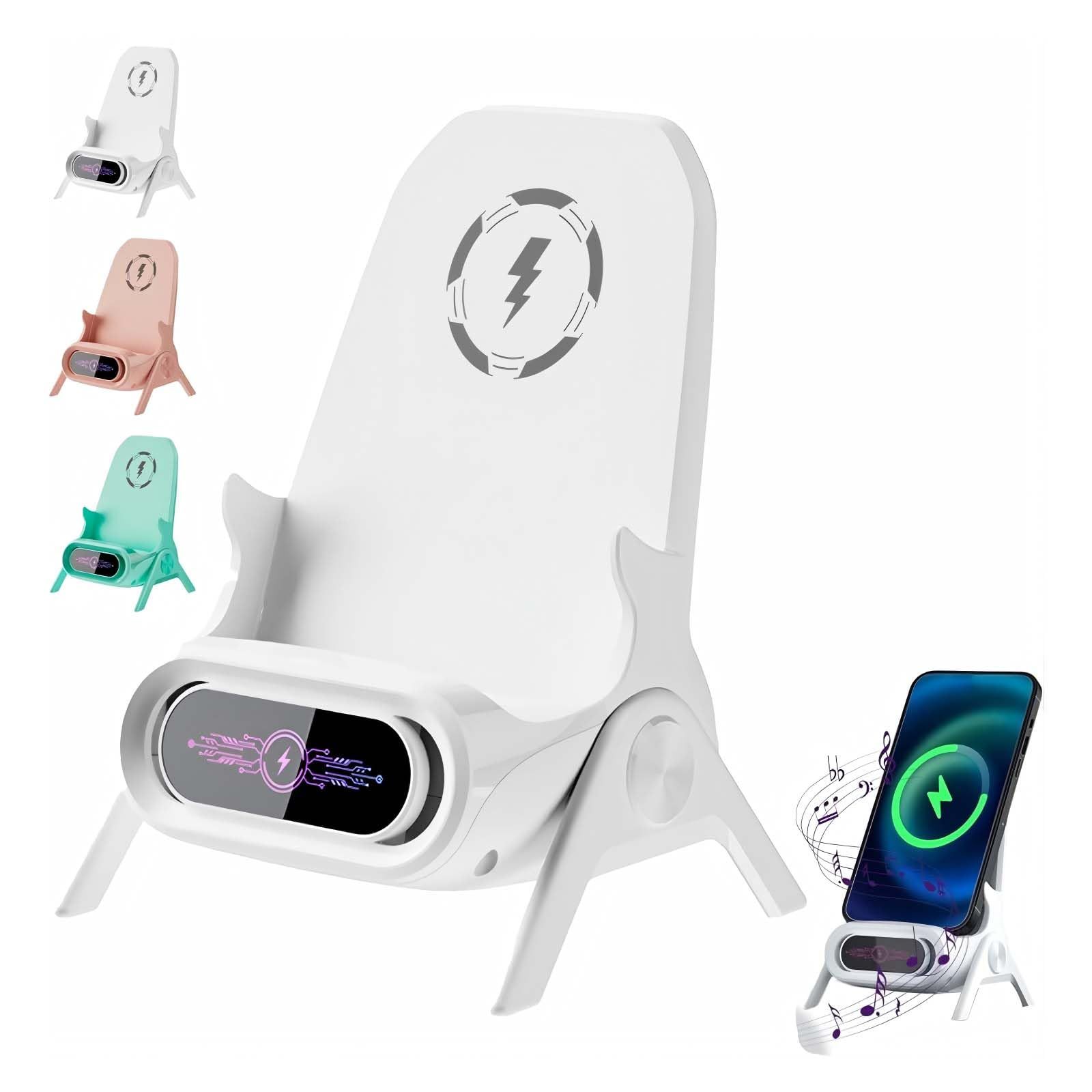 Mini Chair Wireless Fast Charger Multifunctional Phone Holder, Portable Mini Chair Wireless Charger with Speaker, 3-in-1 Charging Desktop Stand for Phones(White)