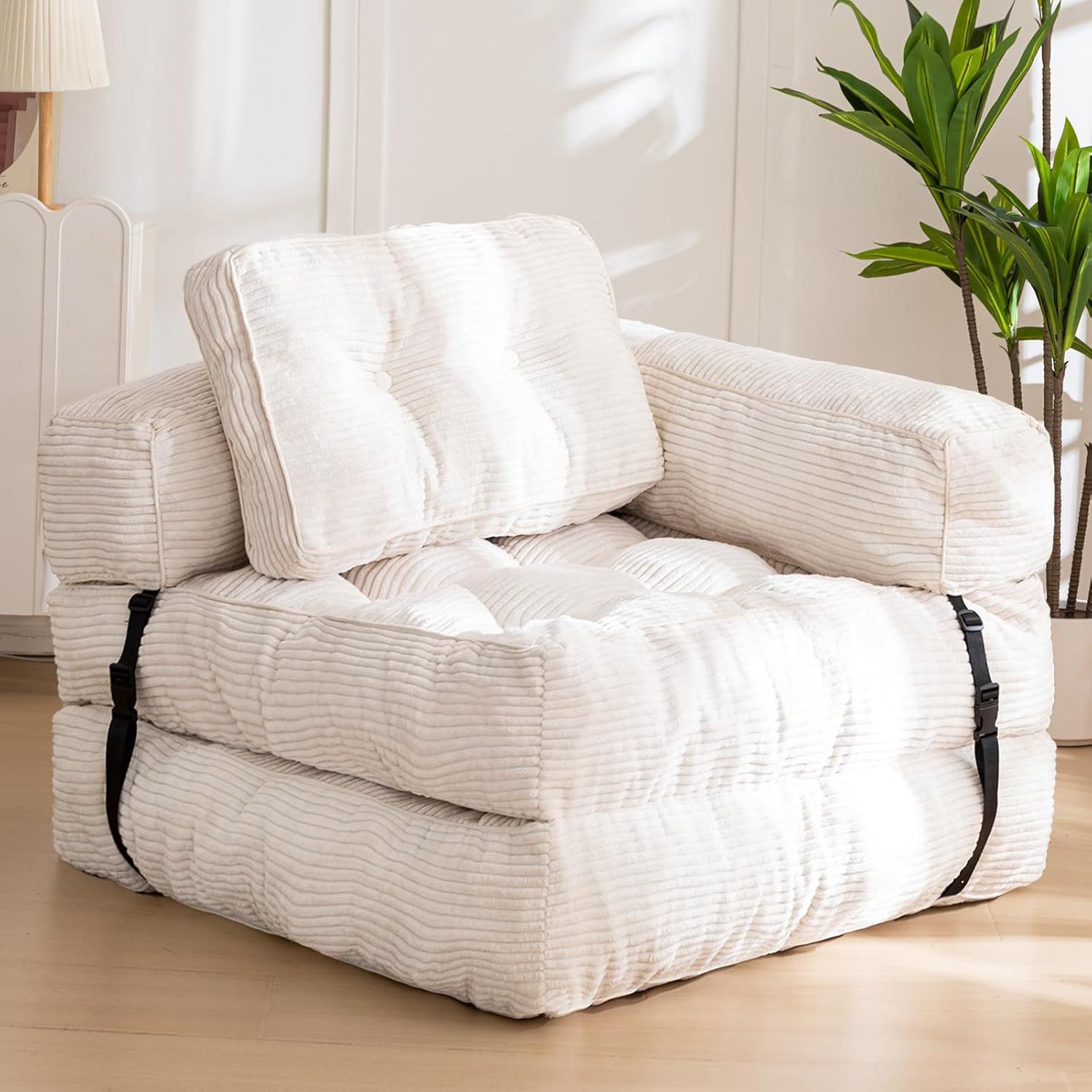 Foldable Corduroy Sofa Bed with Tufted Buttons and Side Buckle Straps, Convertible Lounger for Reading, Gaming, Napping and Relaxing in Living Rooms (Beige)