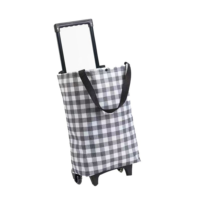 Shopping Cart Foldable Portable Grocery Cart Oxford Fabric Shopping Trolley with Wheels Extendable Handle for Travel Black and White Grid
