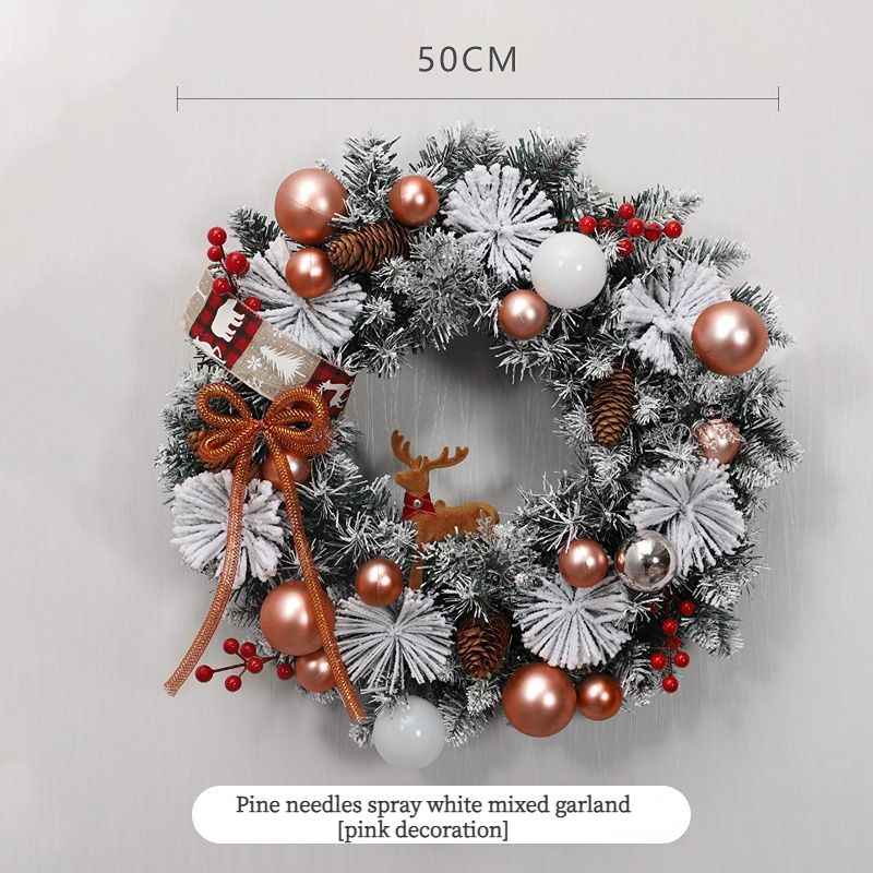 50cm spray-white pine needle Christmas wreath with snow-dusted branches, ornaments, snowflakes, red berries, pinecones and reindeer & star accents. Ideal for door or wall decor to light up the festive mood.*Pine needles spray white mixed garland [pink dec