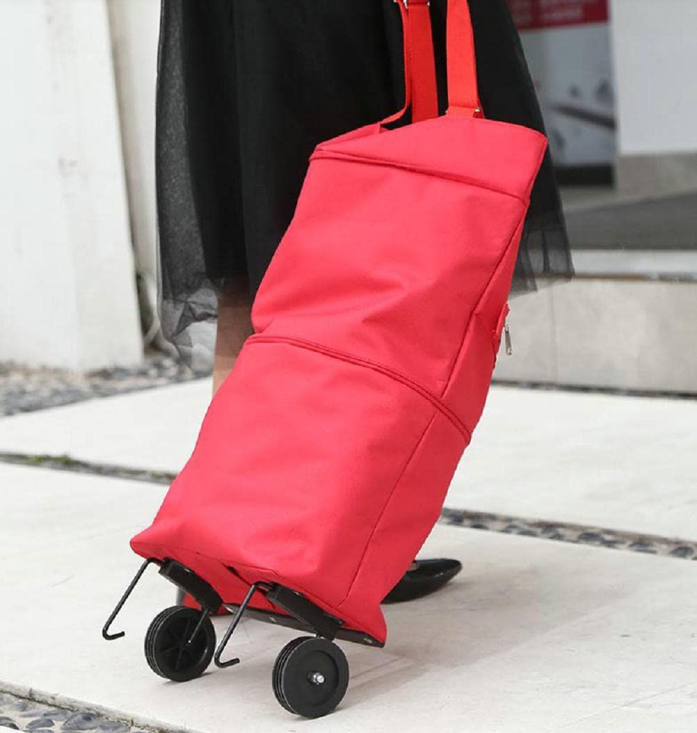 (red)Upgrade Shopping Bag with Wheels Portable Trolley Bags Grocery Cart Hand Pulling Utility with Hand Straps Folding Shopping Cart