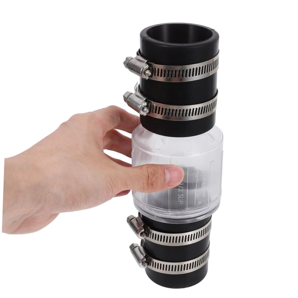 Silent Sump Pump Check Valve - Quiet Backflow Prevention with Clear Body, Durable Plastic and Stainless Steel Clamps, Ideal for Basements and Home Use