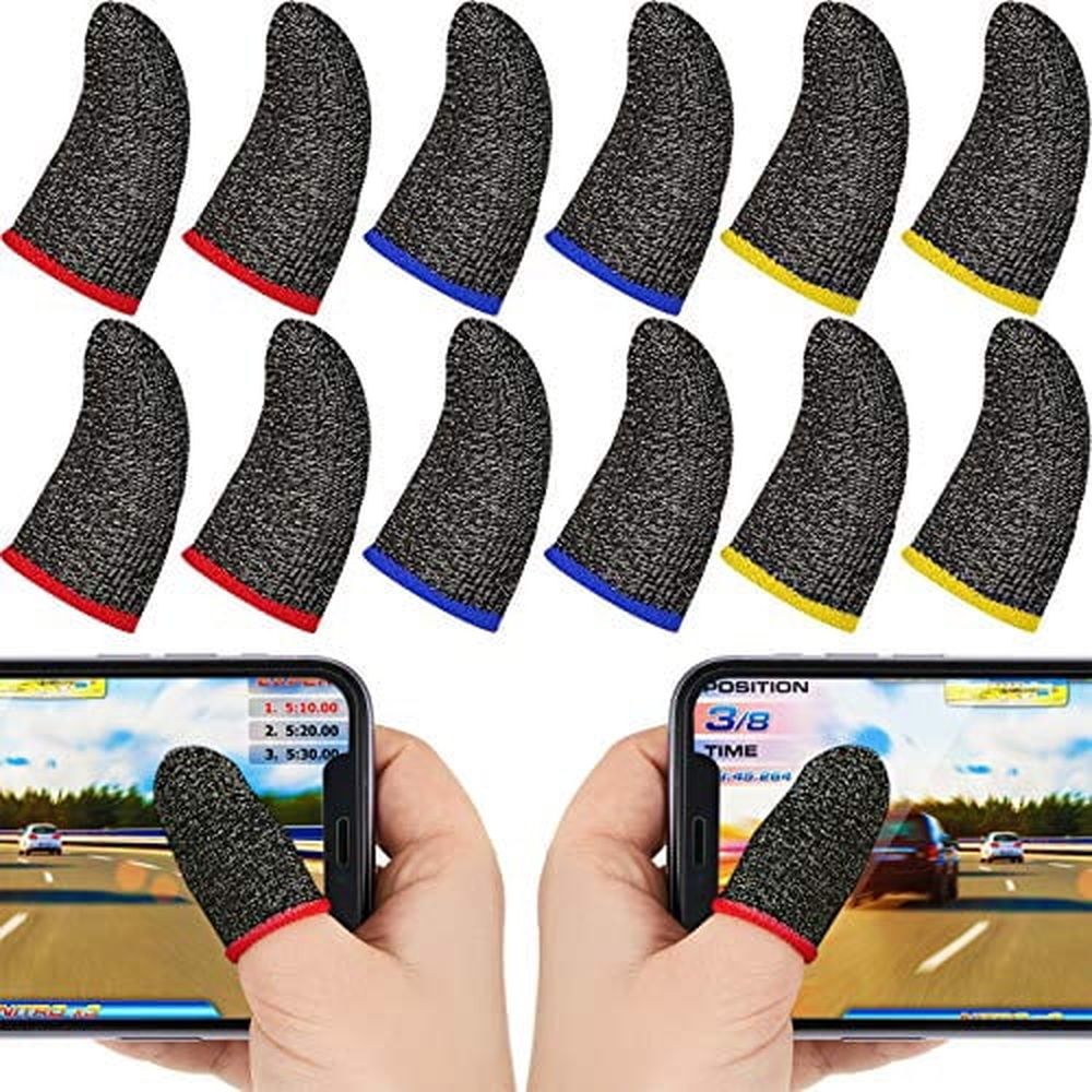 30 Piece Finger Sleeve for Gaming Mobile Game Controller Finger Thumb Sleeve Anti Sweat Breathable Seamless Touchscreen Cover Silver Fiber for Phone Game(Red Brim,Yellow Brim,Blue Brim)
