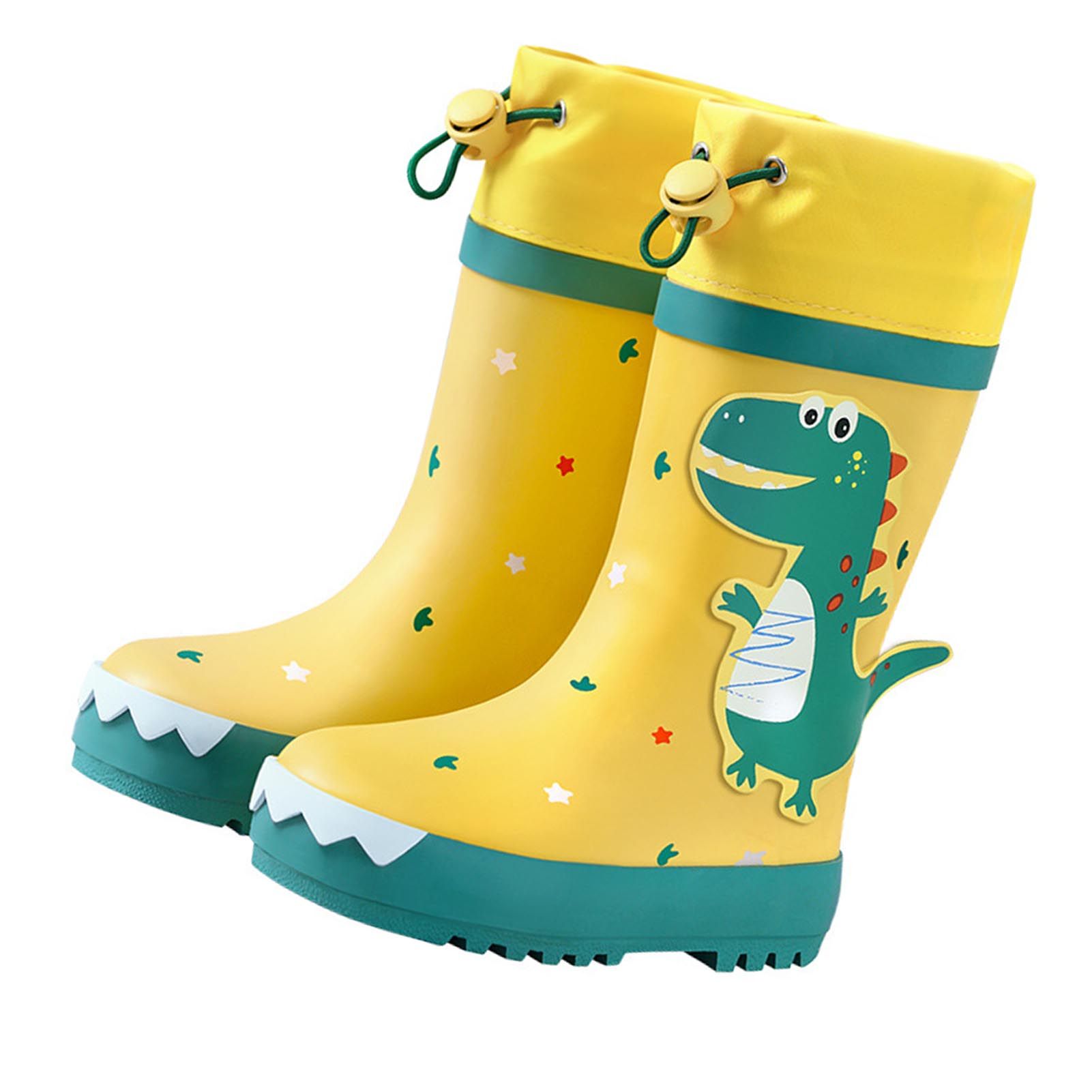 Kids Rain Boots Slip Resistant Cartoon Dinosaur Waterproof Rubber Children Tall Rain Shoes for Boys Girls Yellow and Green Dinosaur 26