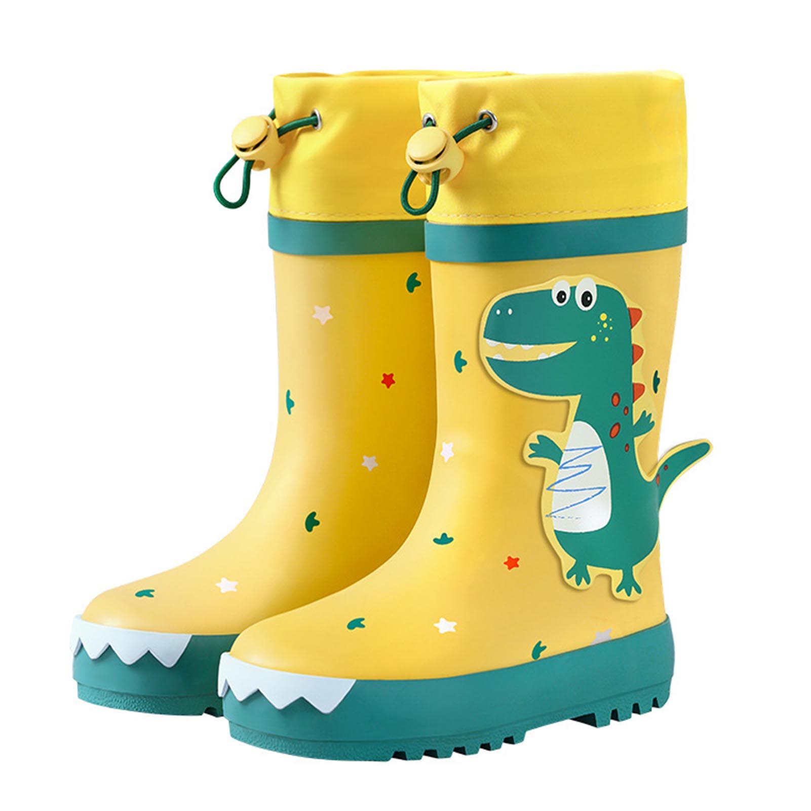 Kids Rain Boots Slip Resistant Cartoon Dinosaur Waterproof Rubber Children Tall Rain Shoes for Boys Girls Yellow and Green Dinosaur 26