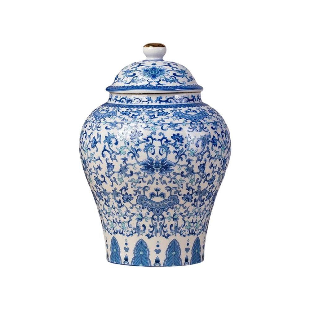 Chinoiserie Blue White Ceramic Ginger Jar, 30 fl oz Chinese Vase with Lid, 7.5 inch Tall Elegant Home Decor Accent