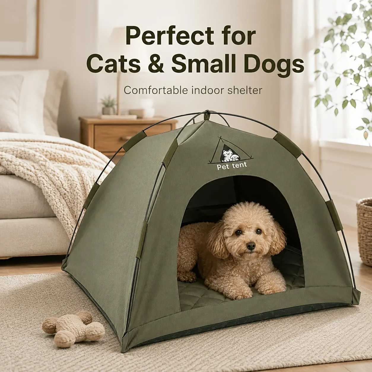 【Portable Foldable Pet Tent】Made of wear-resistant & water-resistant Oxford cloth with thickened quilted mat and sturdy frame. Ideal for indoor & outdoor use, a cozy private den for cats and small dogs.（green.L)