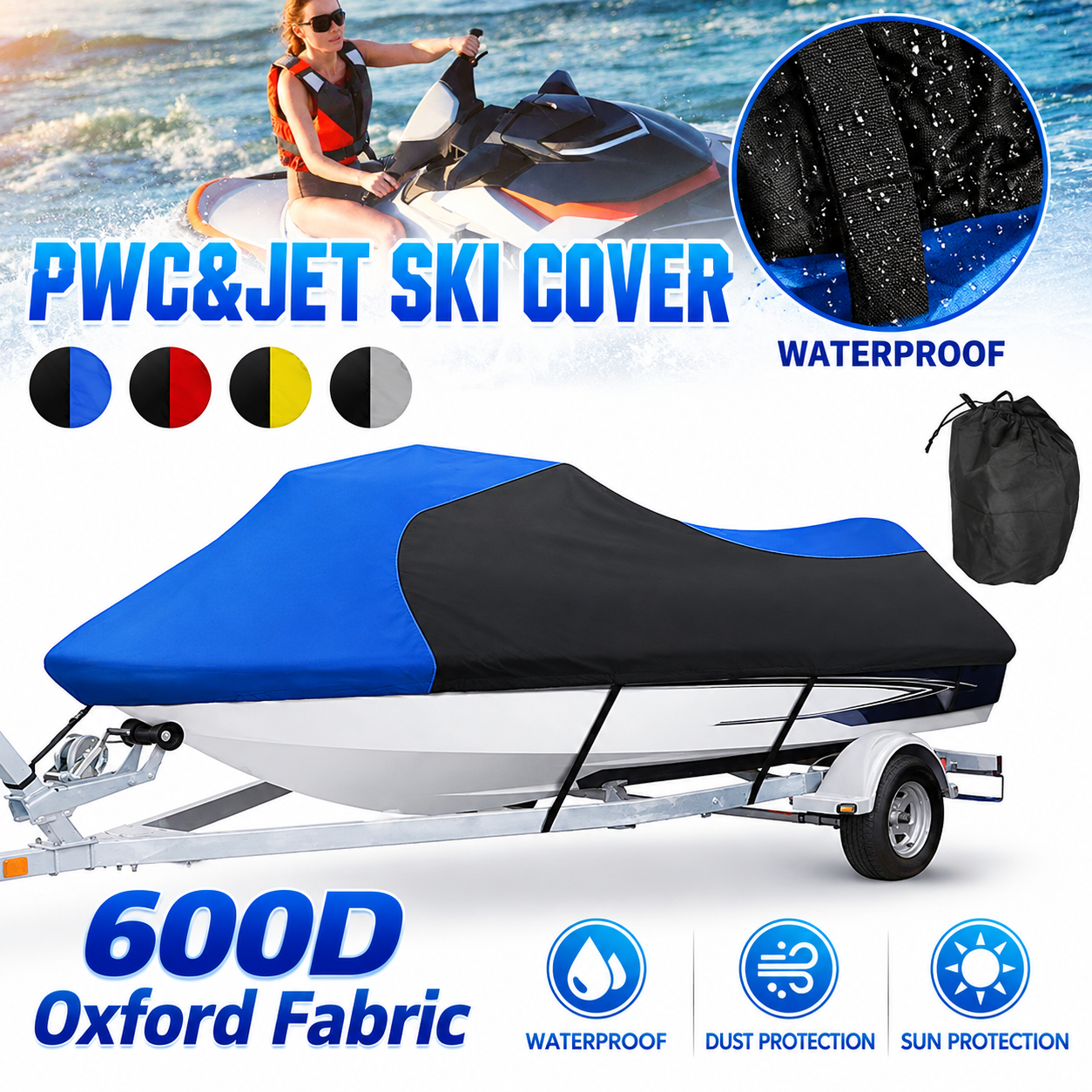600D Waterproof Jet Ski Cover with UV Protection, Two-Tone Design, Heavy-Duty Marine Grade Boat Cover for Outdoor Storage, All-Season Protection Against Sun, Rain, Dust and Scratches (Black-Red, XL)