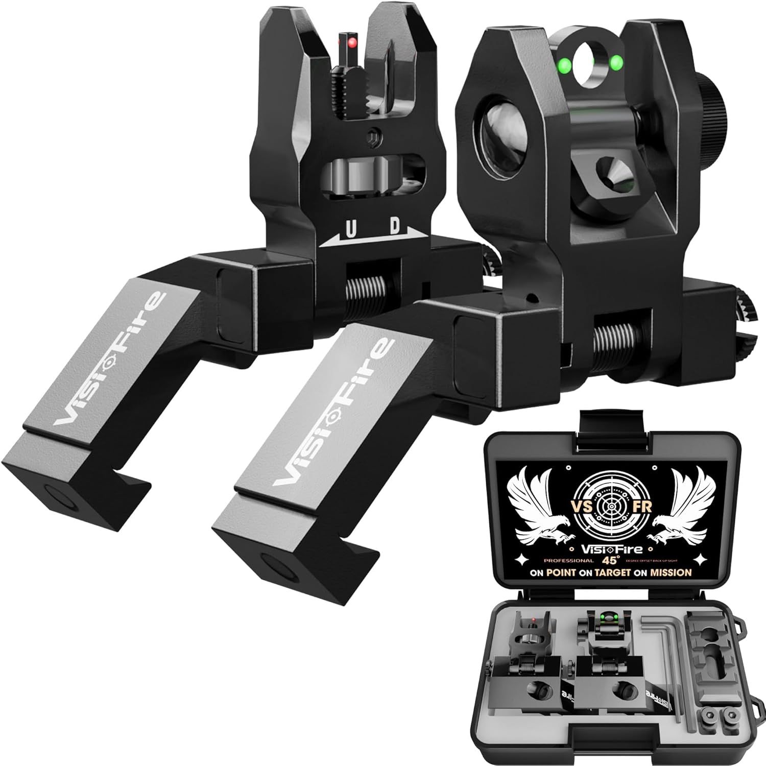 2 Pack 45 Degree Offset Flip Up Iron Sights, Fiber Optic Red Green Dot Canted Backup Sights Tool-Free Adjustable for Picatinny Rail