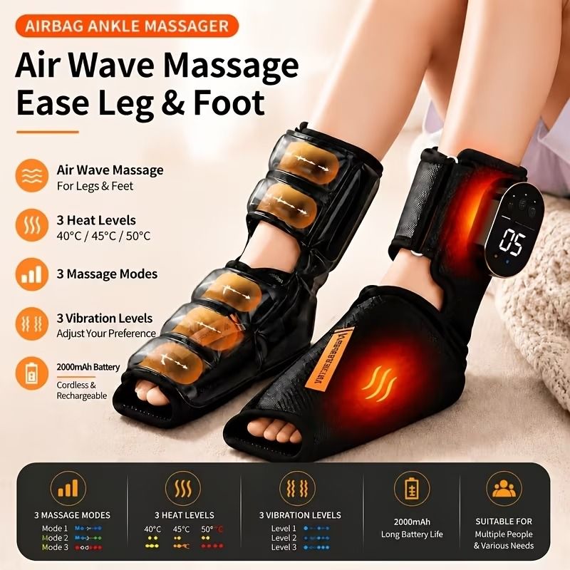 2PCS Portable Air Compression Foot Massage Boots, Cordless Electric Heating Foot Massager with 3 Heat Levels + 3 Massage Modes + 3 Vibration Intensities, 2000mAh Rechargeable, Unisex Home Foot Care Gift