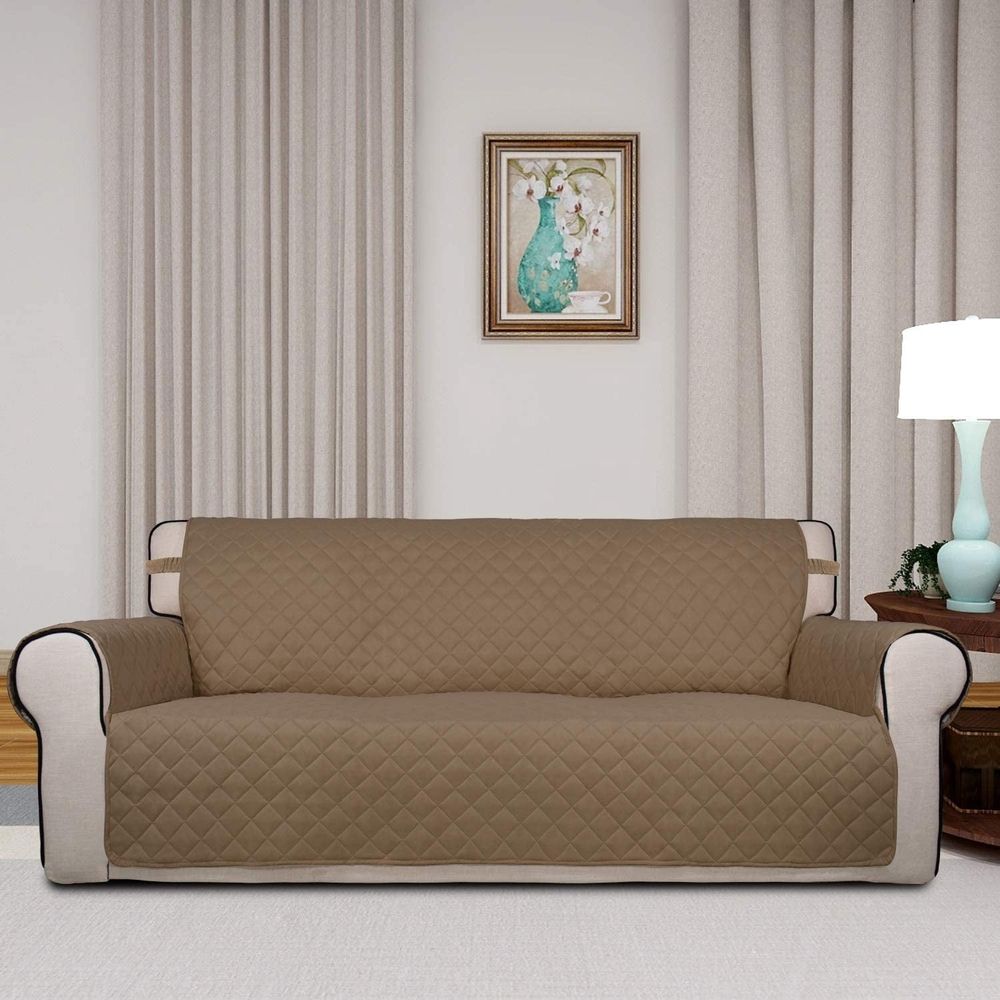 Reversible Quilted Sofa Cover, Water Resistant Slipcover Furniture Protector, Washable Couch Cover with Non Slip and Elastic Straps for Kids, Dogs, Pets (Sofa, Camel/Ivory)