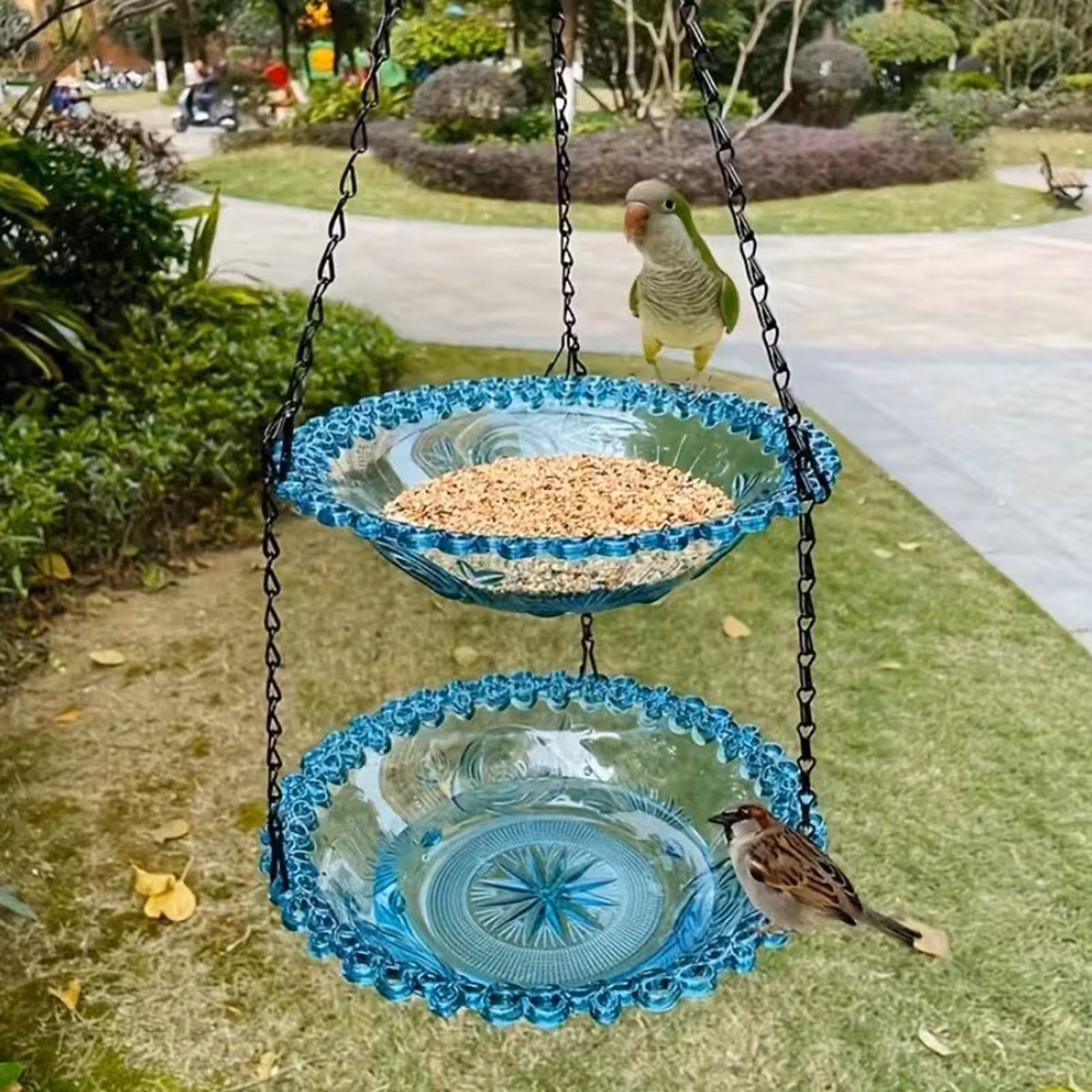 Double hanging bird feeder with Hole, Platform Flat Bird Seed Tray for Outdoors, Cardinal, Blue Jay, Crow, Birdfeeders Outside Hanging, Wild Small Large Bowl Feeders for Garden