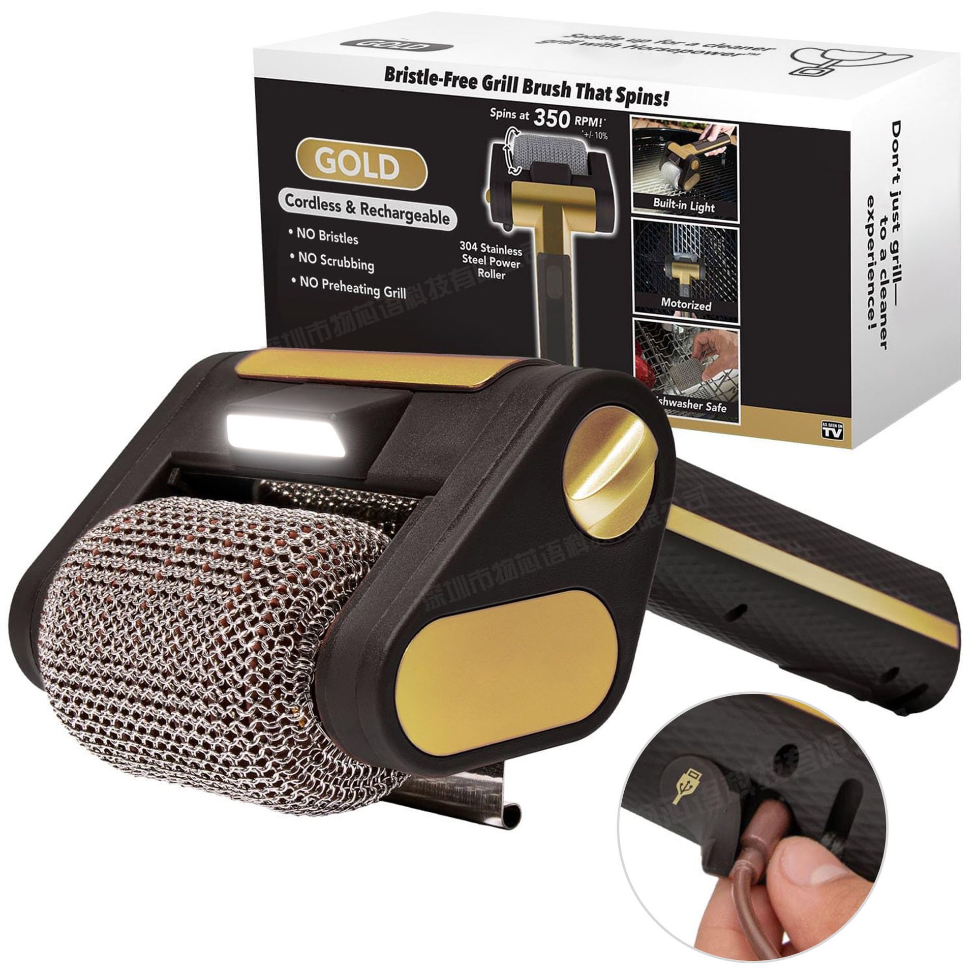 Cordless Electric Grill Cleaning Brush with Rotating Stainless Steel Roller Head, LED Light, 4000mAh Battery and Dishwasher-Safe Detachable Design for BBQ Grill and Griddle Cleanup (Black)