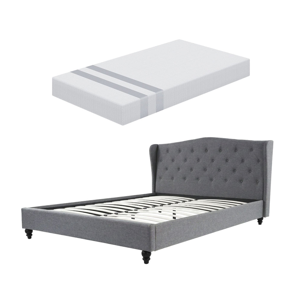 Artiss and BedStory Double Bed Frame and Mattress Set Memory Foam Cooling Gel Medium Soft Tufted Wing Headboard Grey