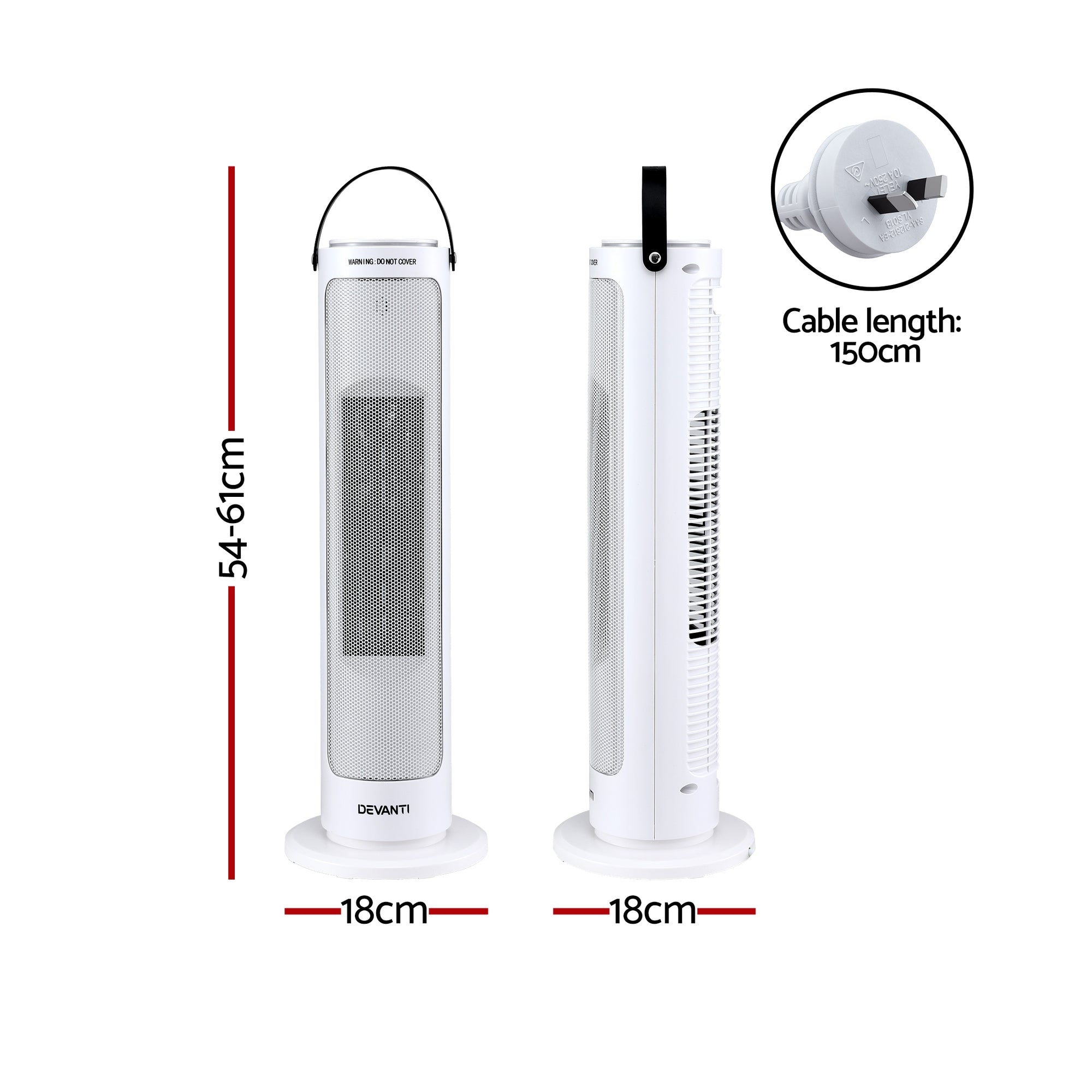 Devanti Ceramic Tower Heater 2000W Electric Oscillating Portable Timer White