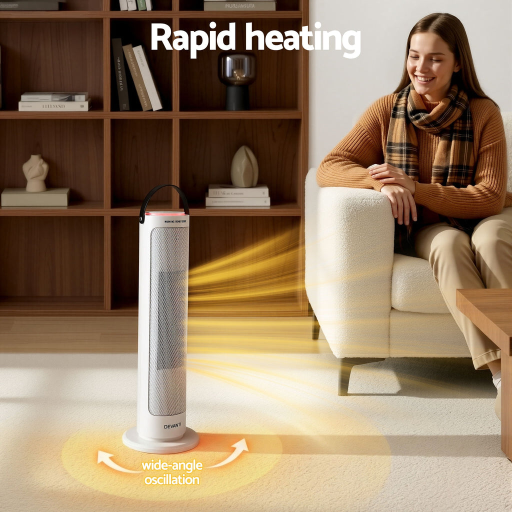 Devanti Ceramic Tower Heater 2000W Electric Oscillating Portable Timer White