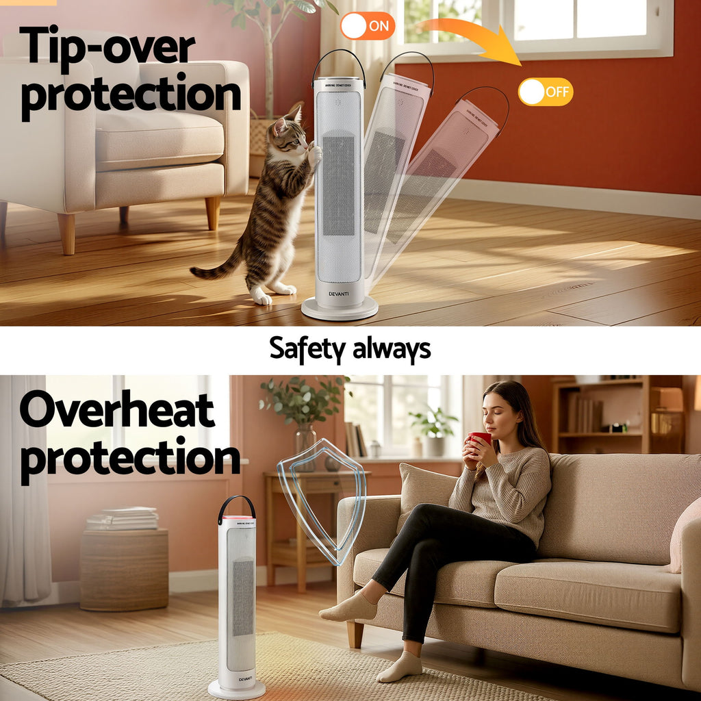 Devanti Ceramic Tower Heater 2000W Electric Oscillating Portable Timer White