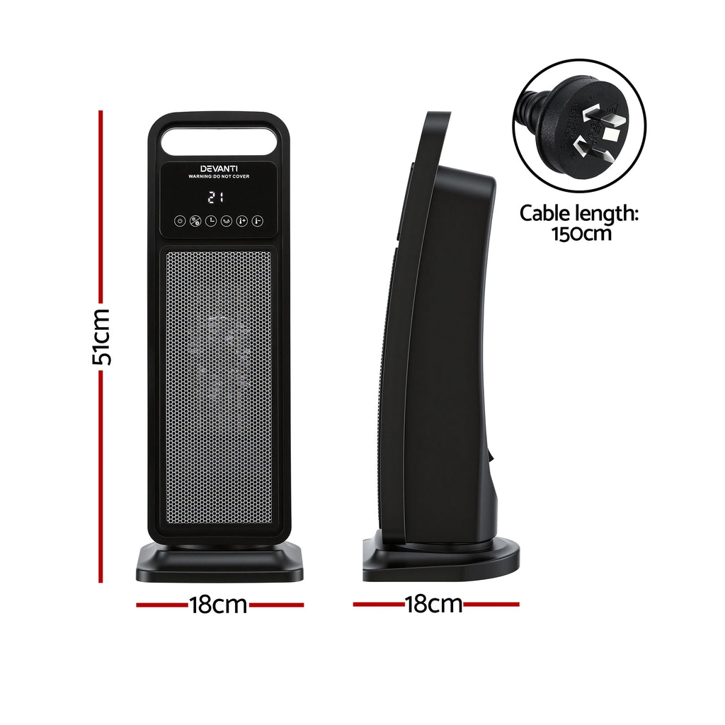 Devanti Ceramic Tower Heater 2000W Electric Oscillating Portable Timer Black