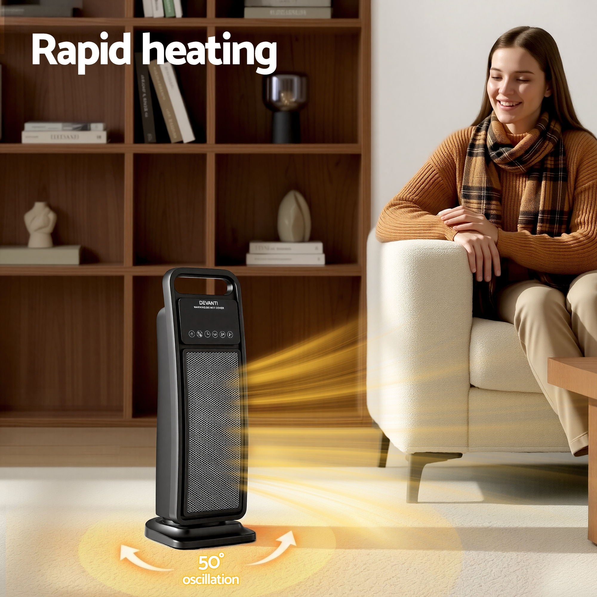Devanti Ceramic Tower Heater 2000W Electric Oscillating Portable Timer Black