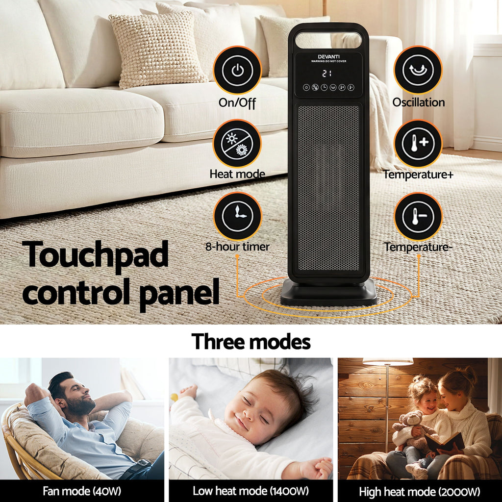 Devanti Ceramic Tower Heater 2000W Electric Oscillating Portable Timer Black